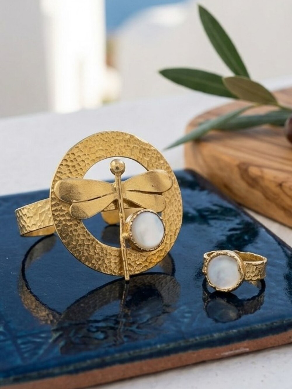 Turkish 18K Gold Plated Brass Dragonfly Cuff and Ring Set Mother of Pearl 1.8"